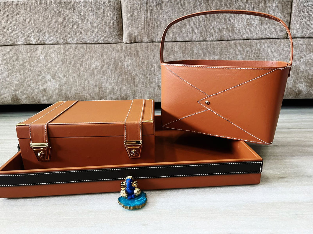 Leather Tray ,box and basket for wedding hamper and corporate gifting