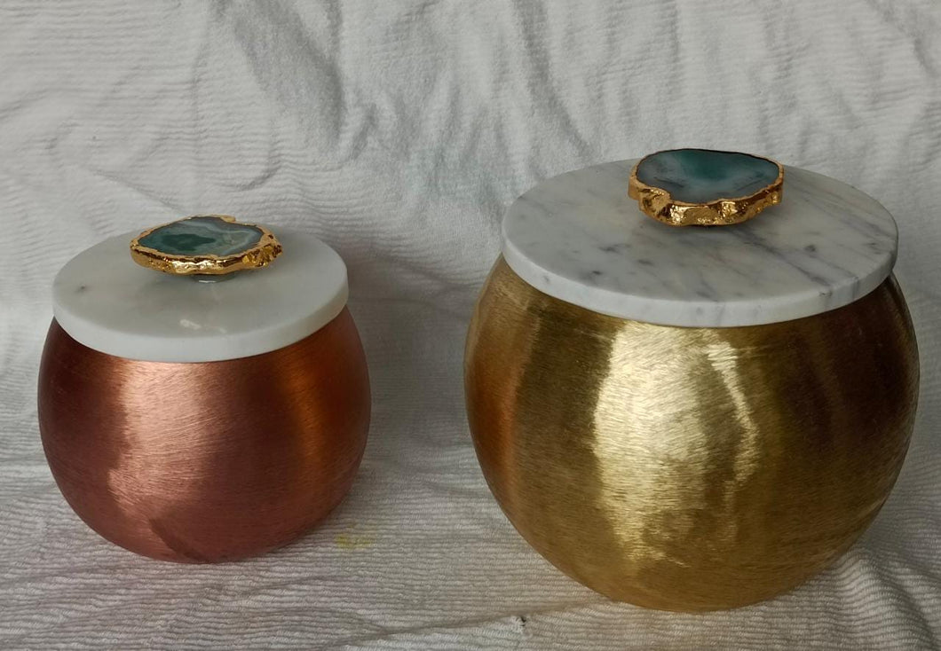 Classy Metal Jar set with Marble Lid and Agate Stone (pair)