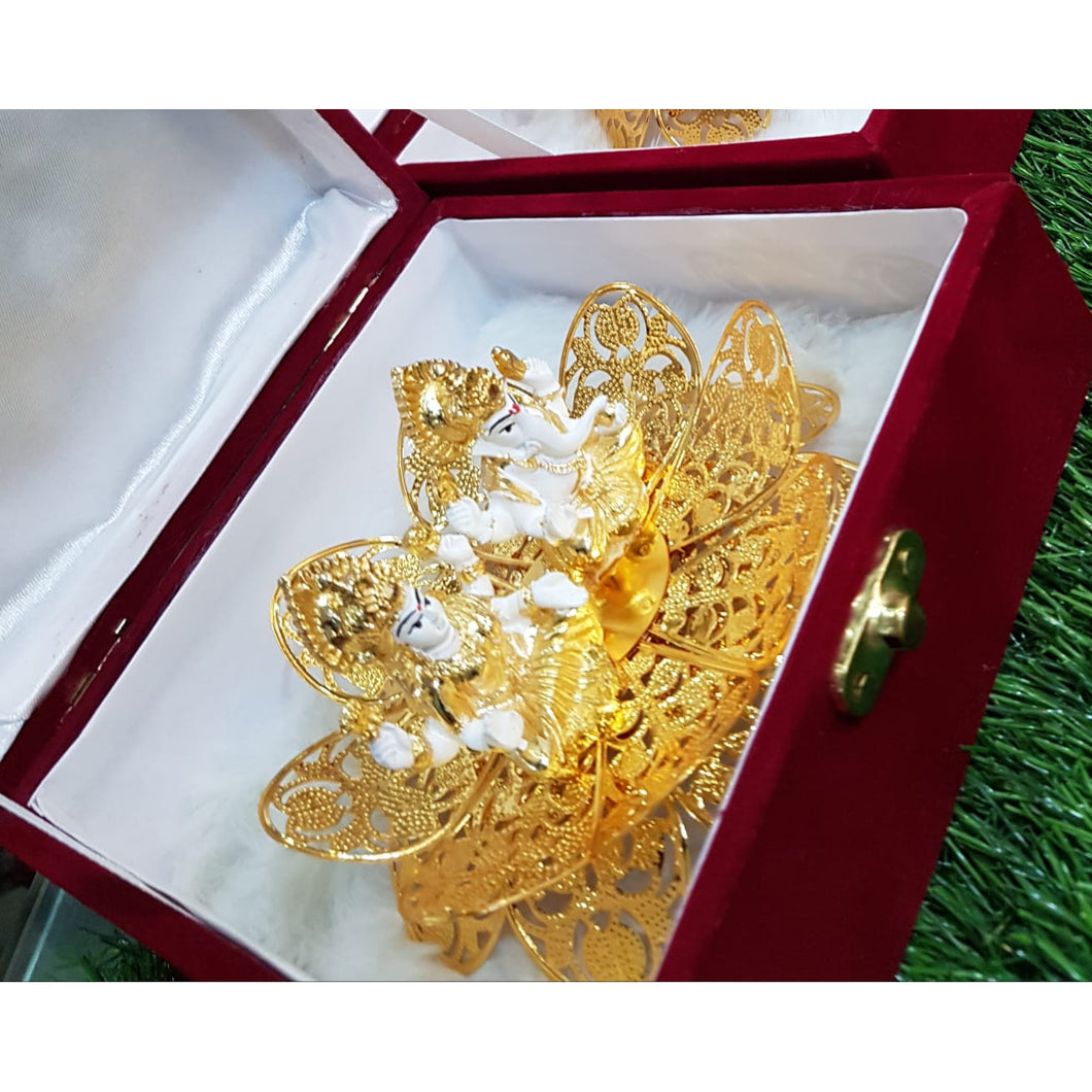 Gold Color Ganesh Laxmi royal On Lotus, with Valvet premium box
