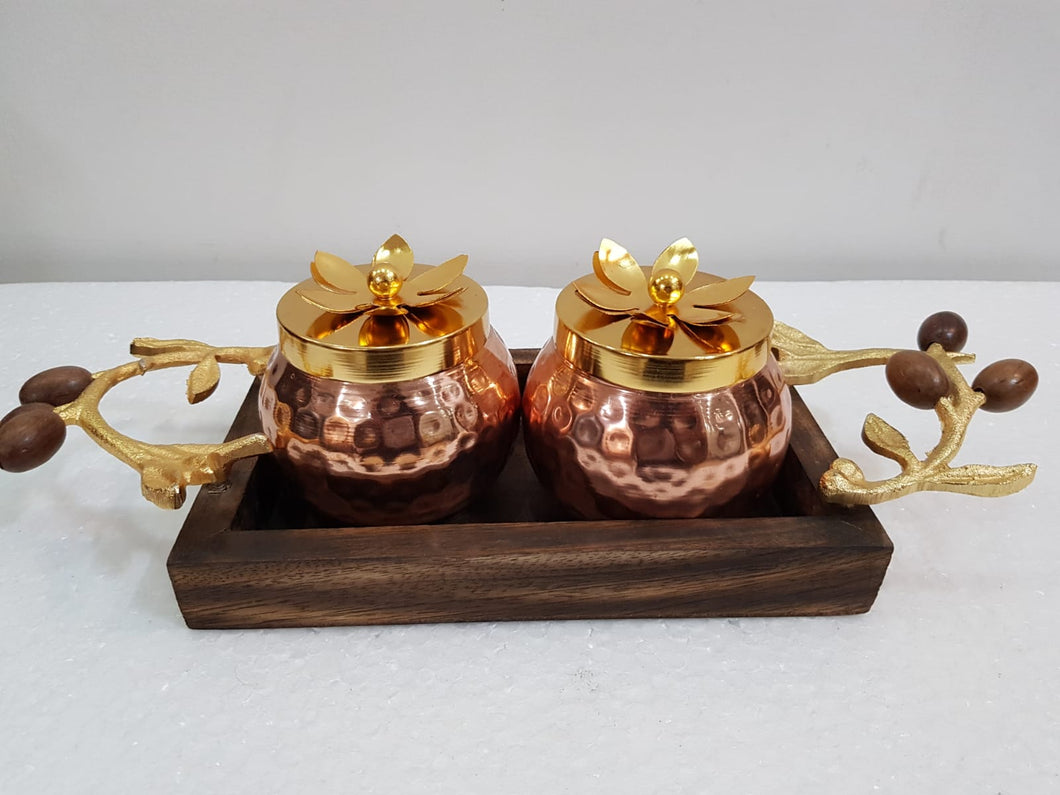 4.5 inch 2 Metal Dry Fruit Jar with antique wooden Tray