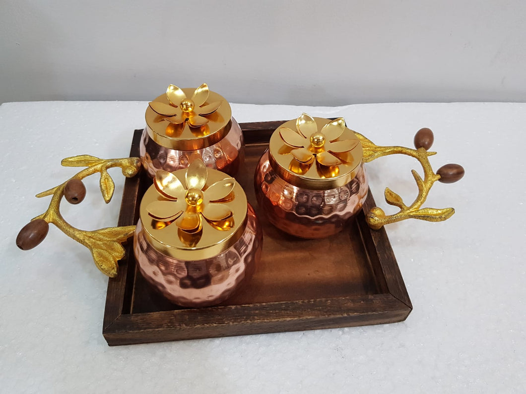 4.5 Inch, 3 Metal DryFruit Jar with antique  Wooden  Tray
