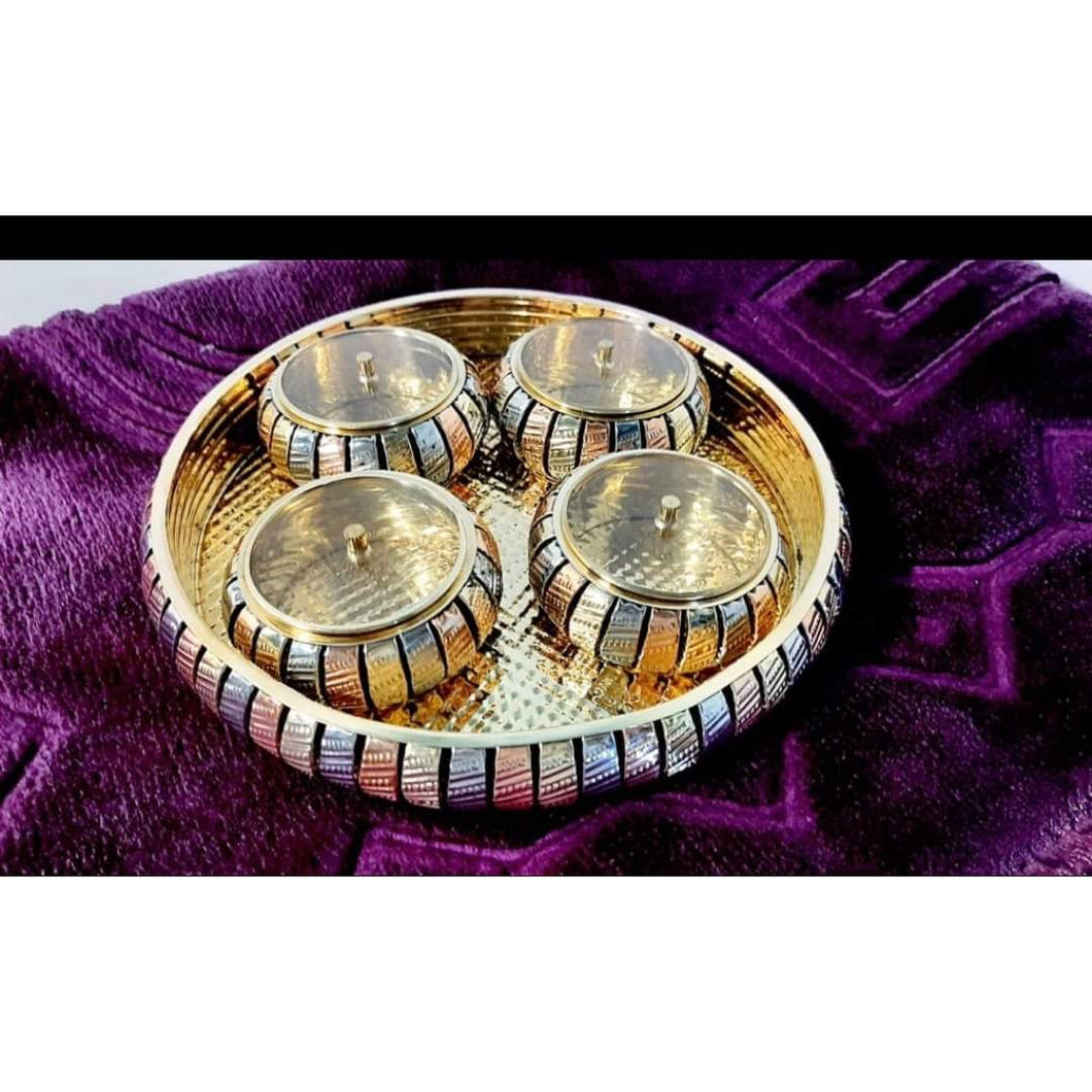 Three metal Designer Tray Round with 4 Bowls