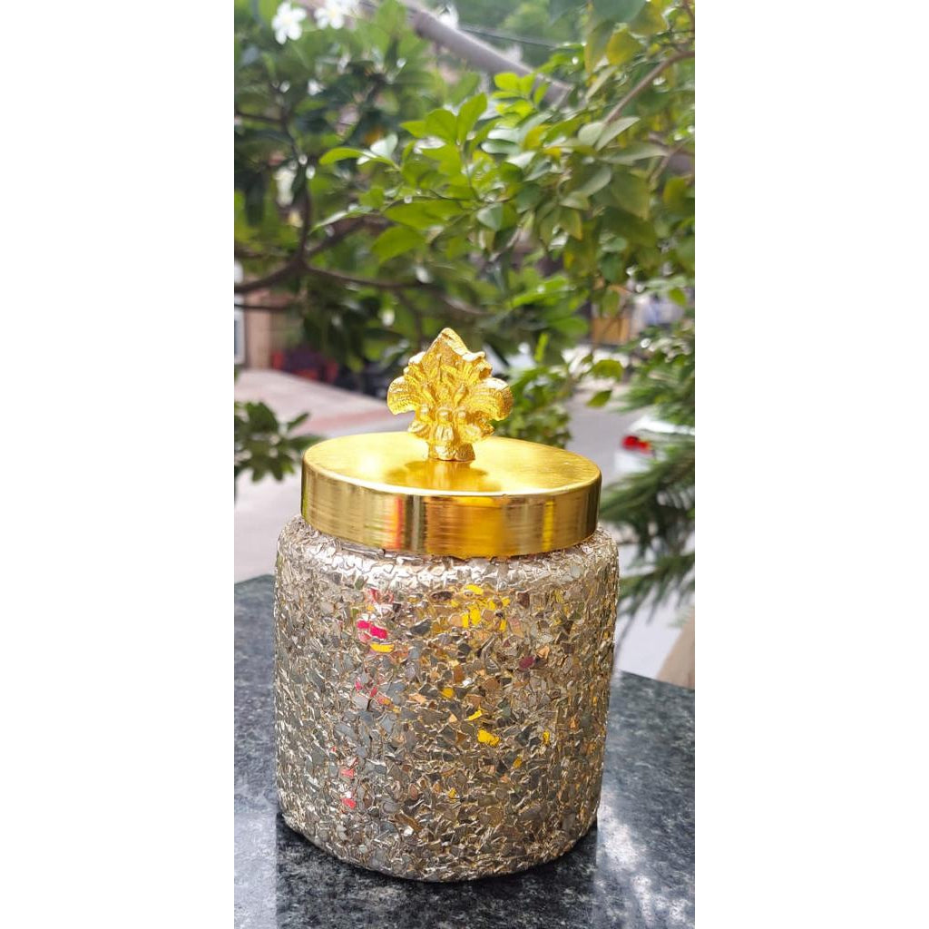 Antique Metal jar with Gold Color Brass lid and Glass work on it