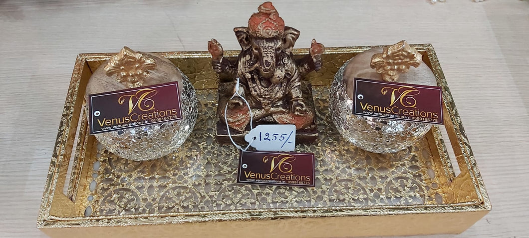 Two matki Jar + Gold antique tray + Wood Ganesha