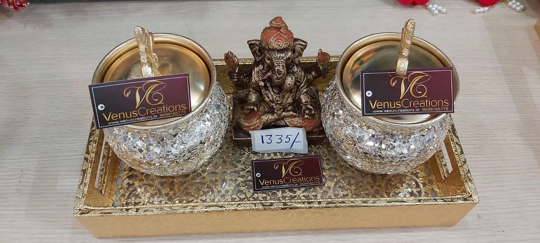 Two big matki Jar + Gold antique tray + Wood Ganesha