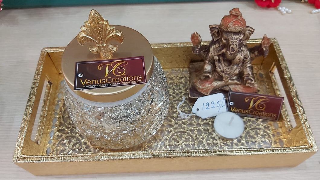 Big Base jar + ganesha + Gold antique tray