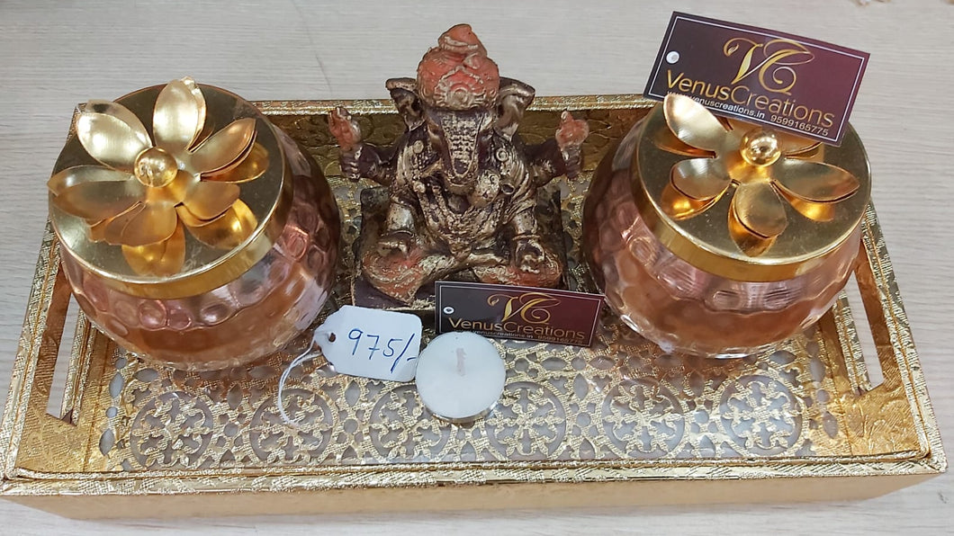 Two copper Jars + ganesha + Gold antique tray