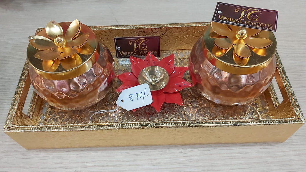 Two copper Jars + lotus diya (various colors available) + Gold antique tray