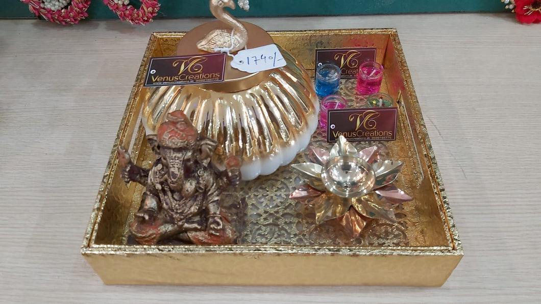 Gold antique tray (Big) + ganesha (Wooden) + Lotus + galss big base factory fitted jar gold and white with brass designer lid