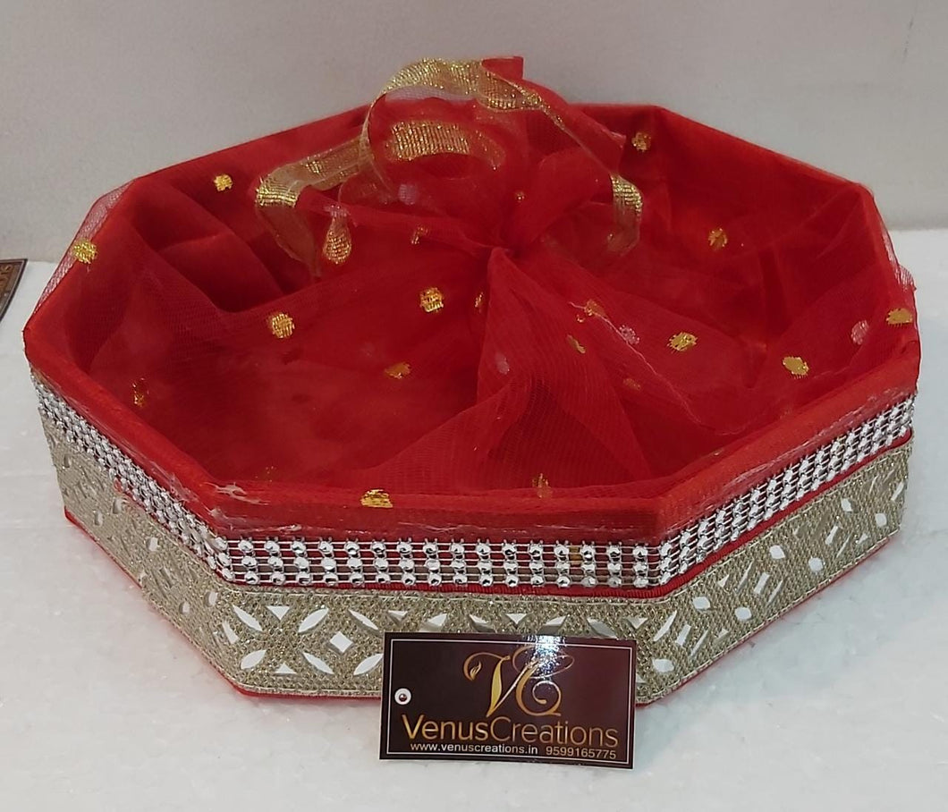 Red jali and cloth work designer hexagon tray