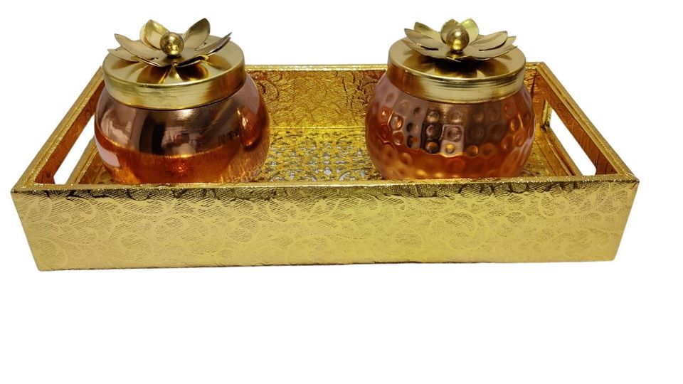 golden tray with copper matki jar