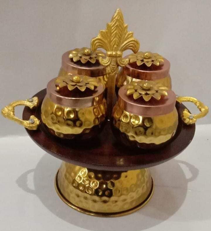 Golden Wooden Stand with 4 Metal jars